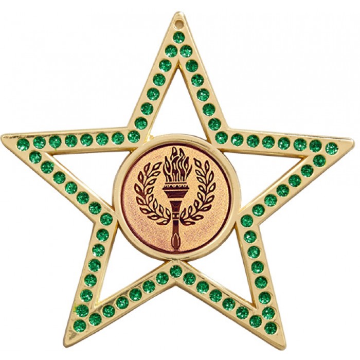 75MM GREEN STAR MEDAL - VICTORY TORCH - GOLD, SILVER, BRONZE